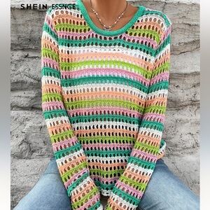 Multicolor Striped Crochet Sweater Size Small